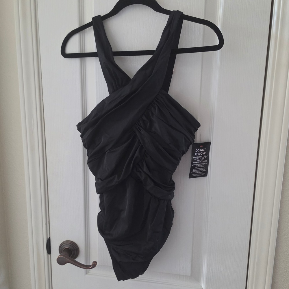 Swimsuits For All Black Ruched Cross Front Halter One Piece Swimsuit 10 08034